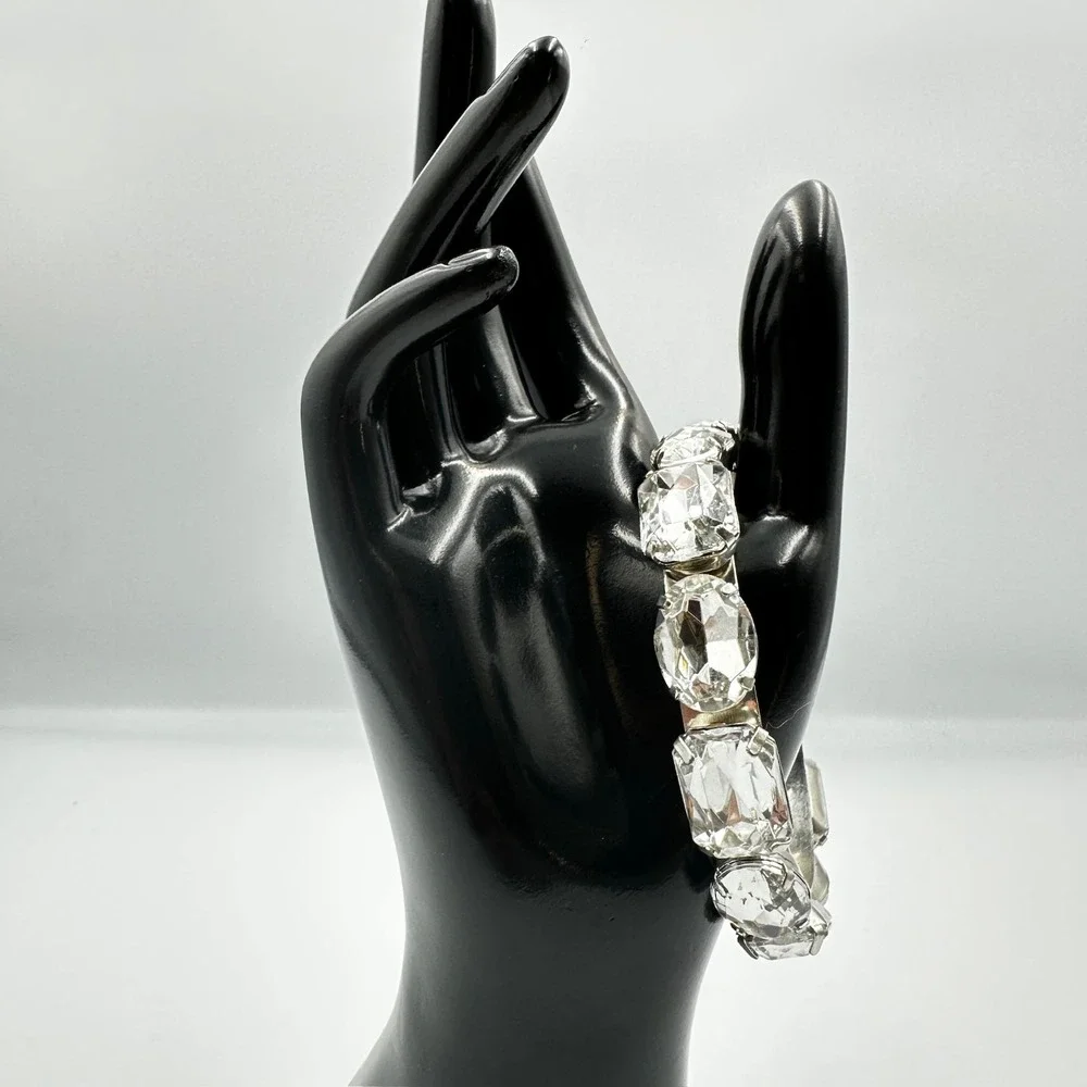 Vintage Silver Tone Large‎ Rhinestone Stretch Bracelet Chunky Multi Shape Retro